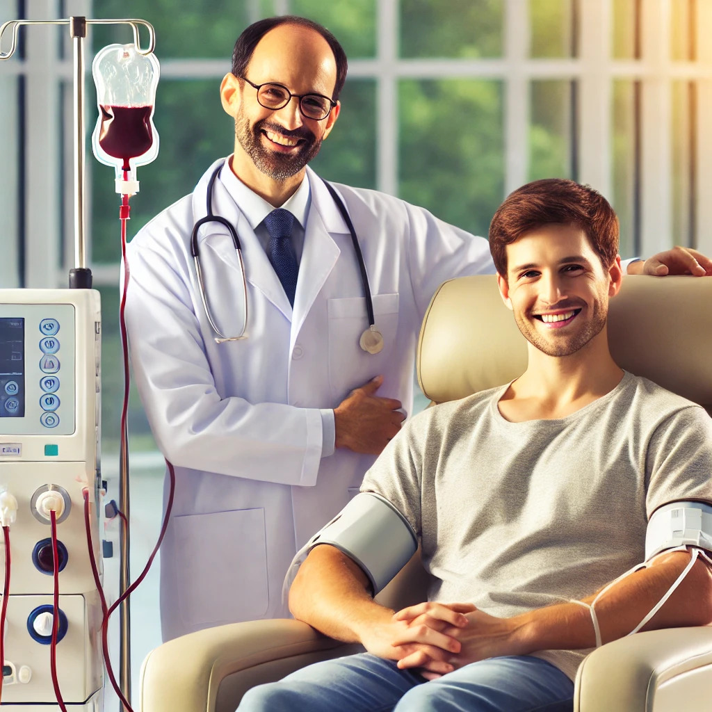 DALL·E 2024-10-11 16.42.33 - A warm, cheerful scene showing a doctor smiling beside a renal patient undergoing dialysis. The doctor is standing by the patients side, dressed in a